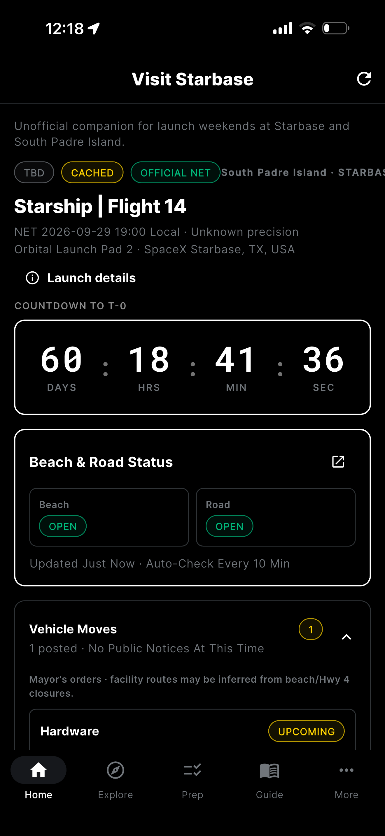 VisitStarbase Home — live countdown and beach status